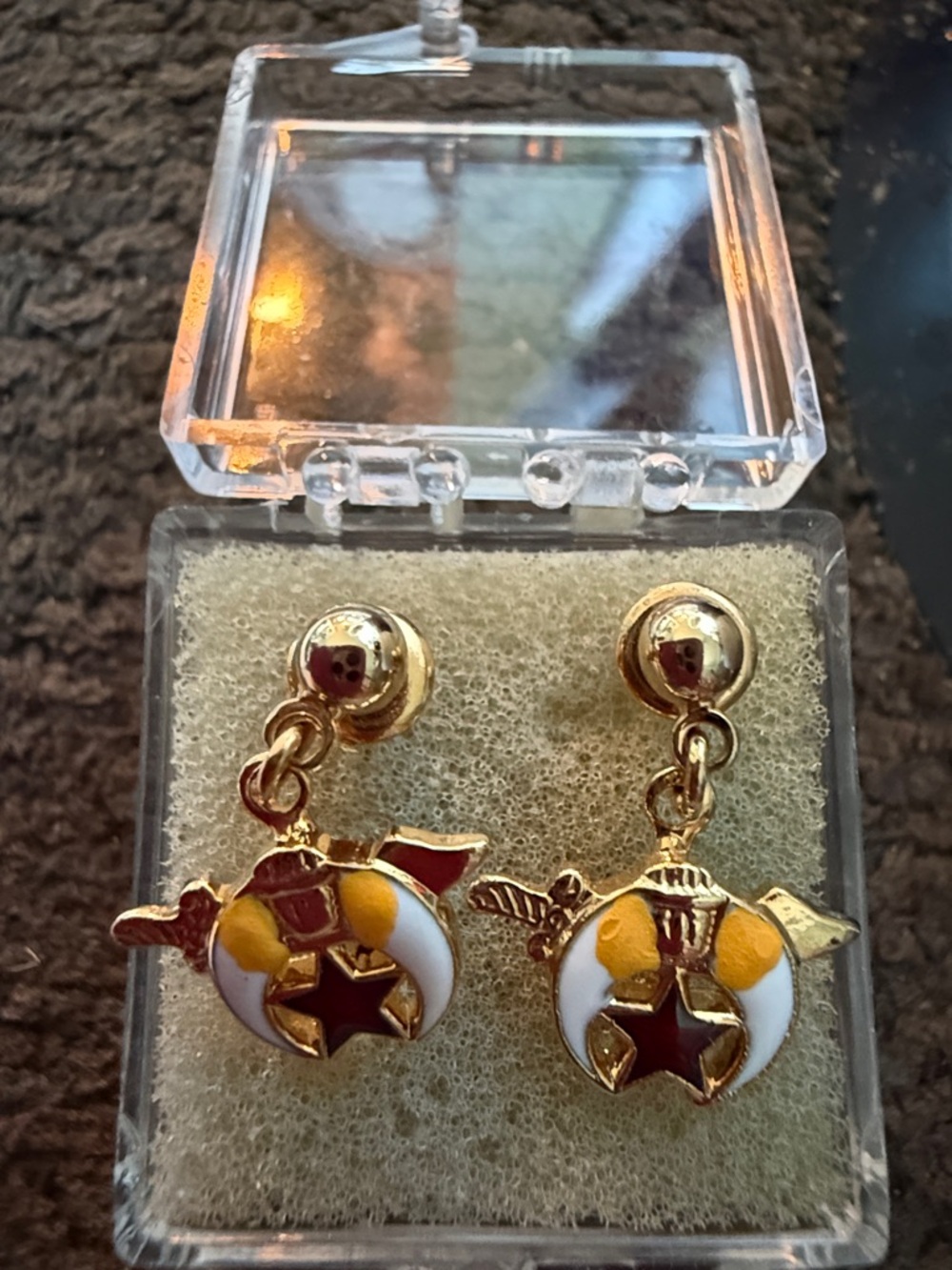 Shriners symbol Gold-Tone White & Yellow Enamel Star Drop Earrings